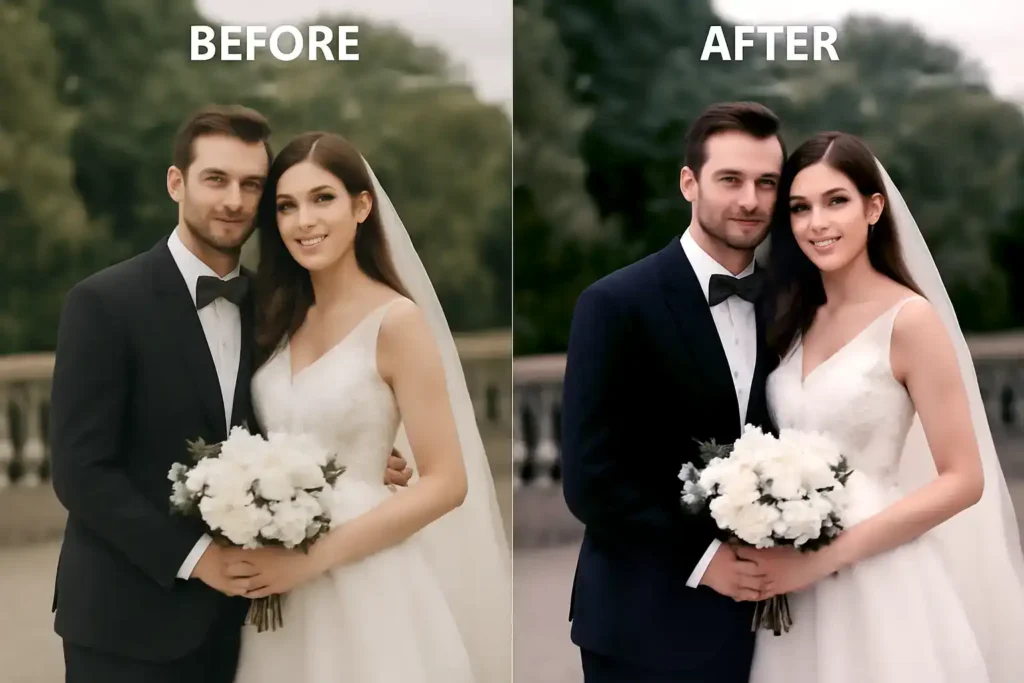 Clothes editing wrinkles removal from wedding photo