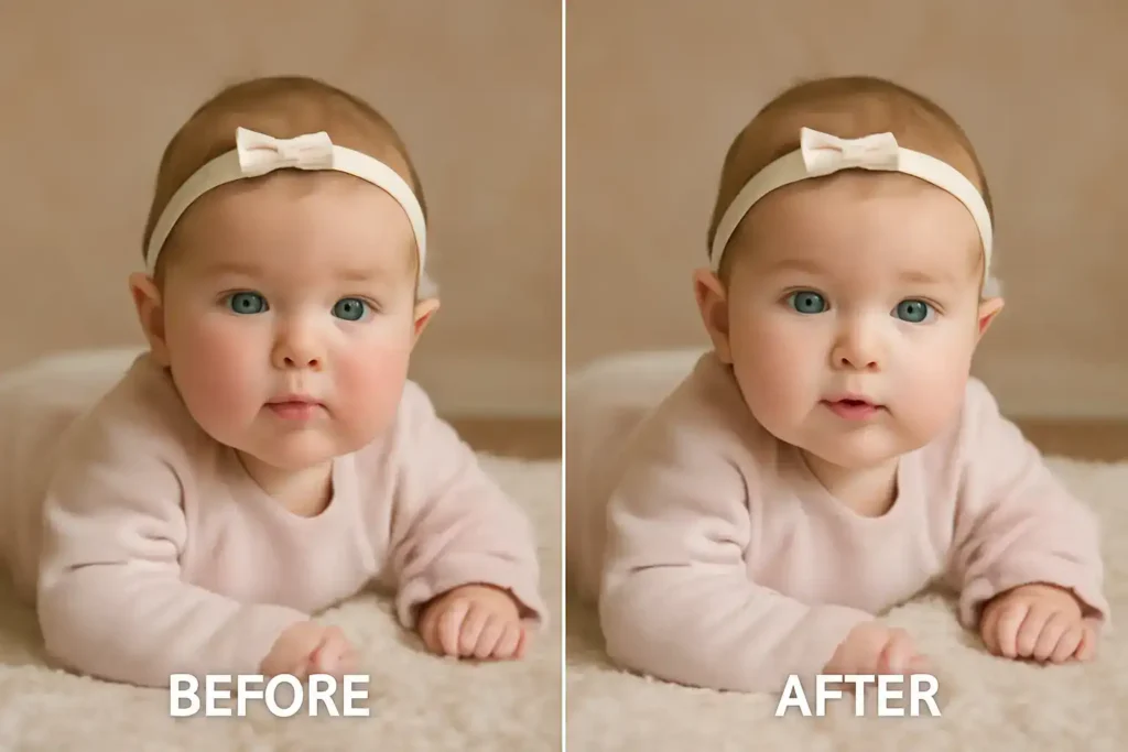 Nose, eyes, cheeks editing in baby photo